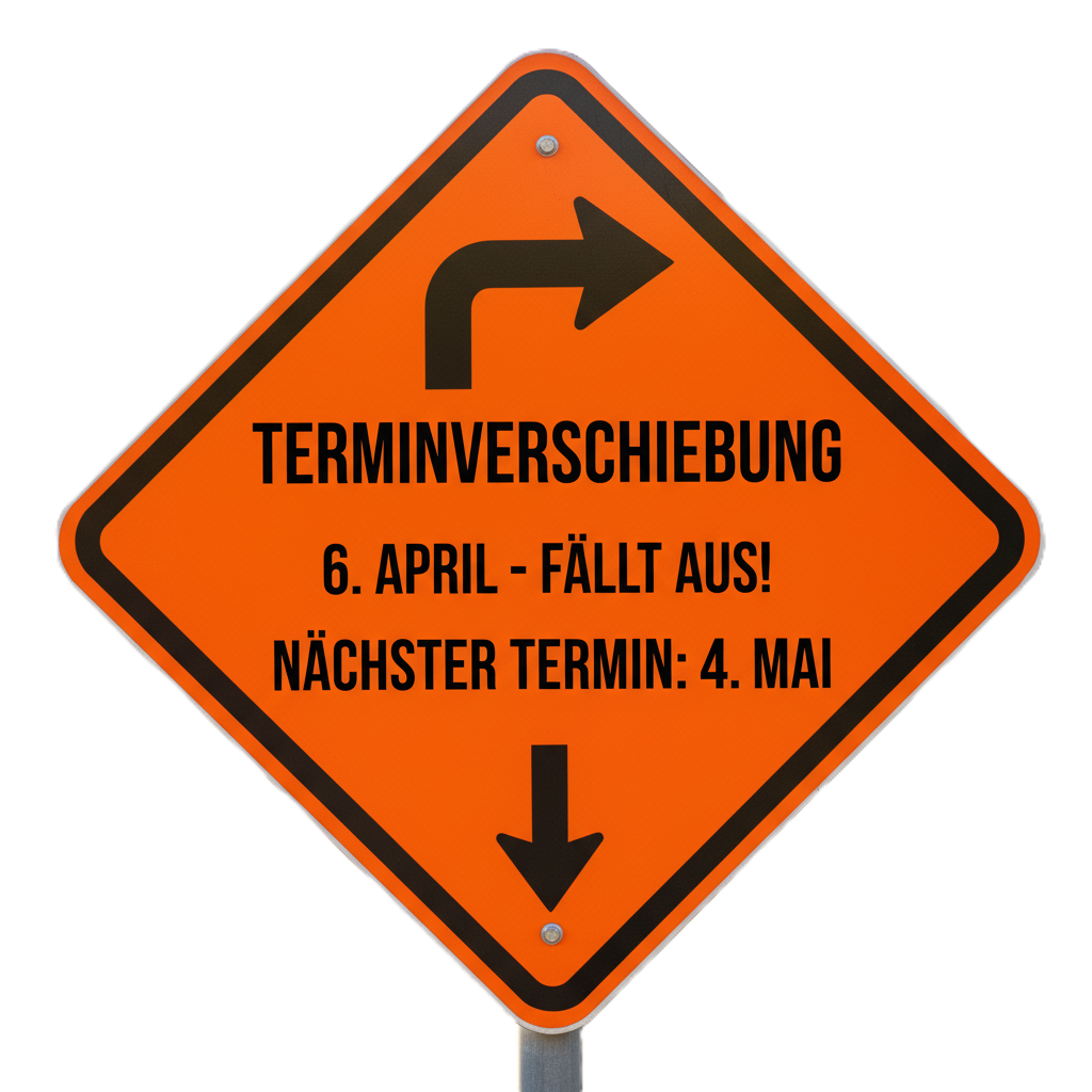 Terminverschiebung.
6. April - fällt aus!
Nächster Termin: 4. Mai